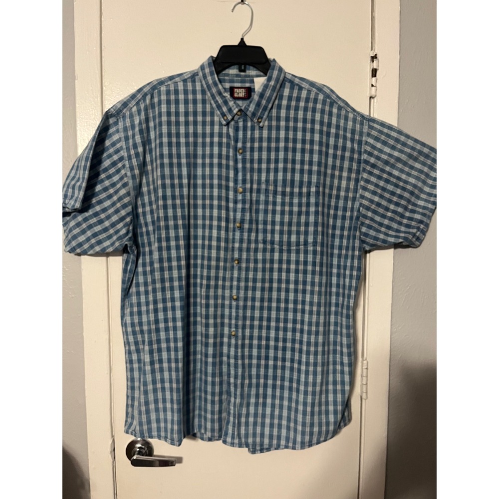 Faded Glory Mens‎ 2XL Blue White Plaid Cotton Short Sleeve Button Down Shirt